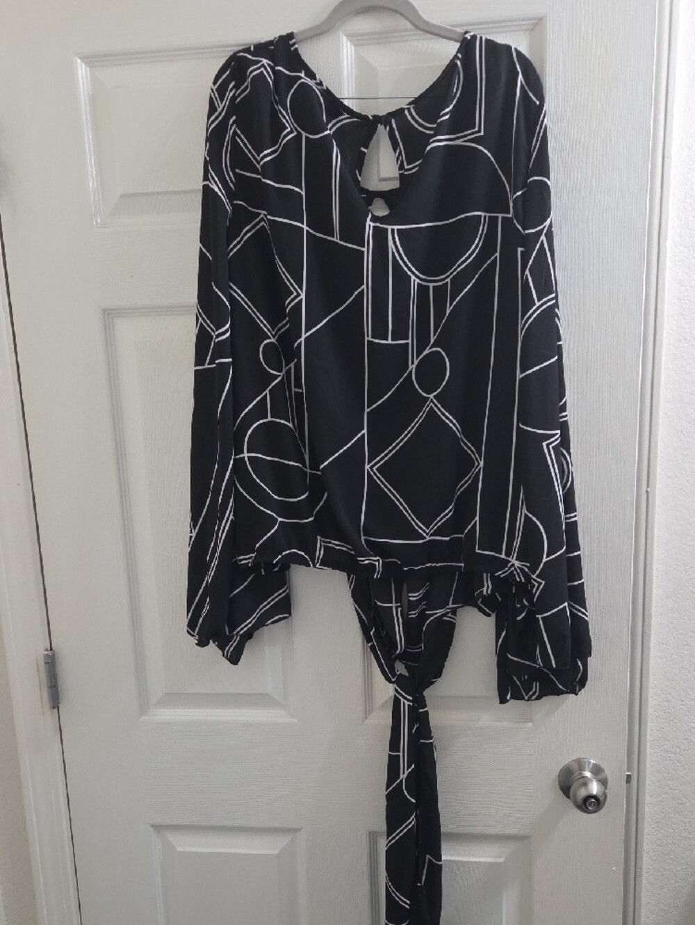 Ashley Stewart Black & White Geometric Tie-Front Blouse - Picture 6 of 9